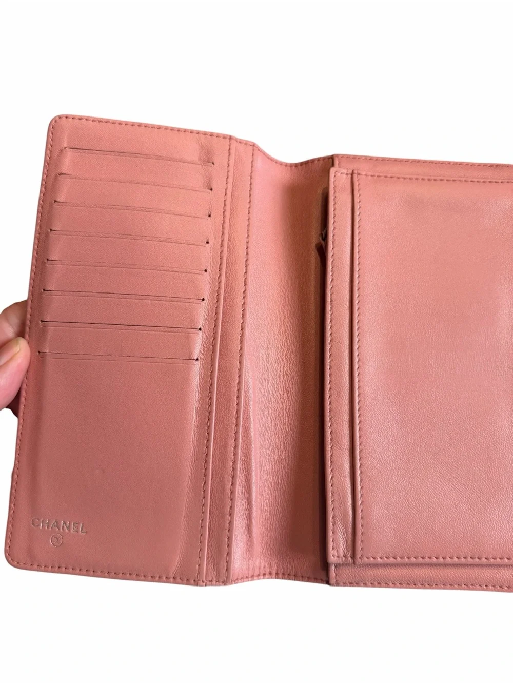 CHANEL Coral Pink Quilted Leather Long Wallet with Gold CC